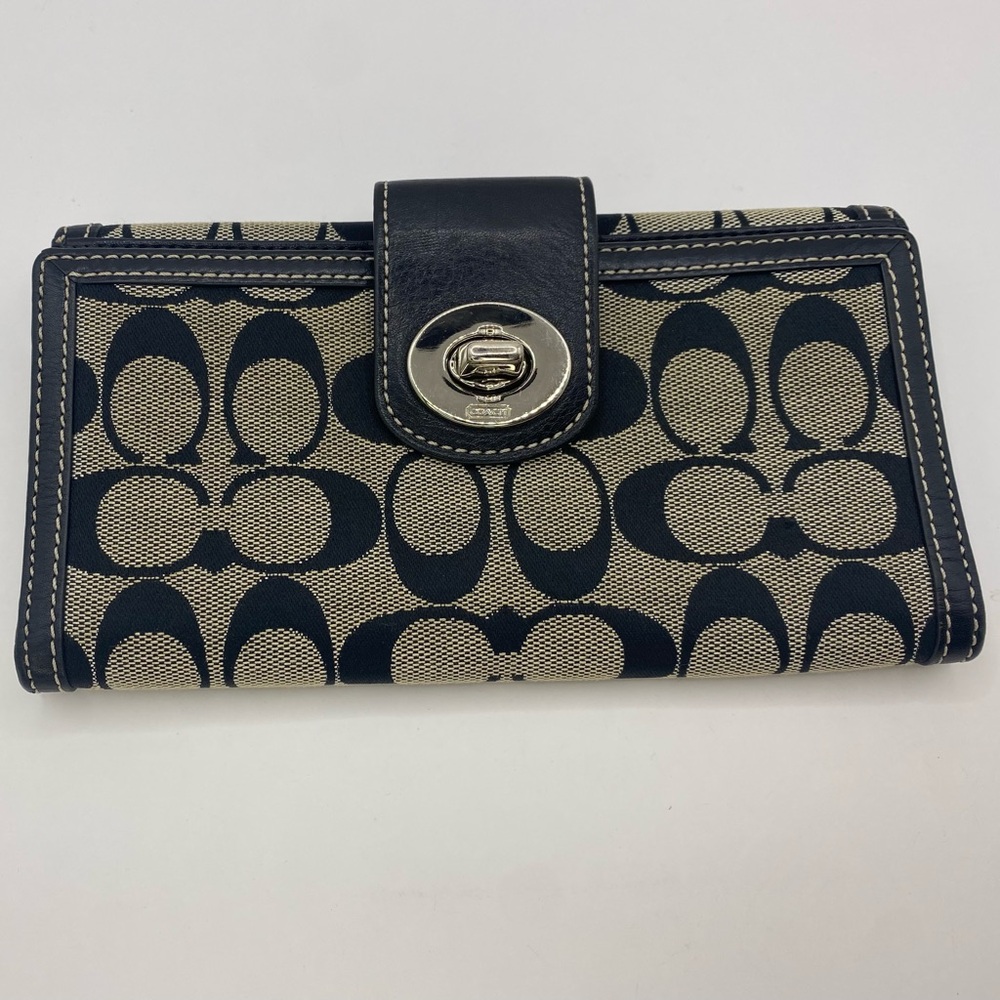 Coach Vintage Signature Jacquard Turnlock Grey Black  Leather Trim Large Wallet
